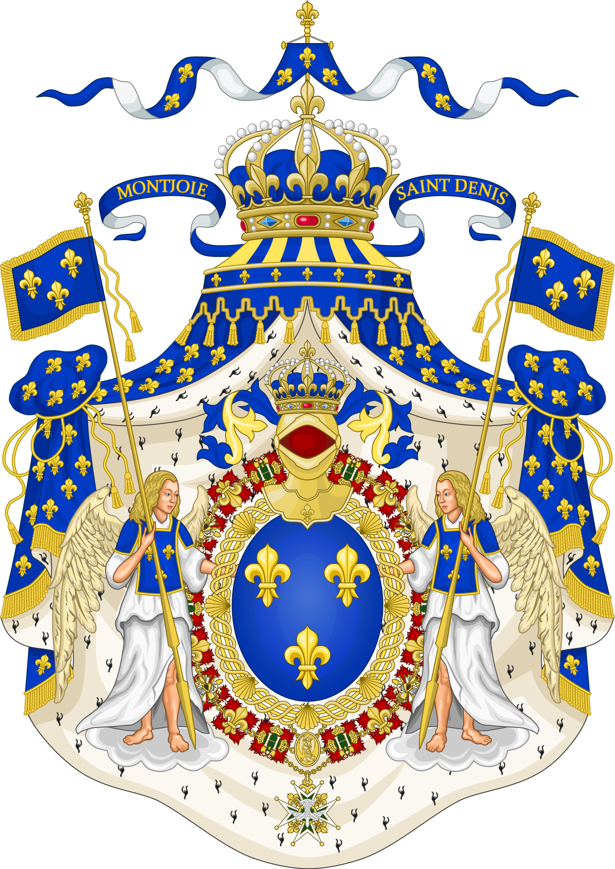 Illustration of a royal coat of arms with a crown, blue and white banners, and angelic figures holding flags, featuring fleur-de-lis symbols.