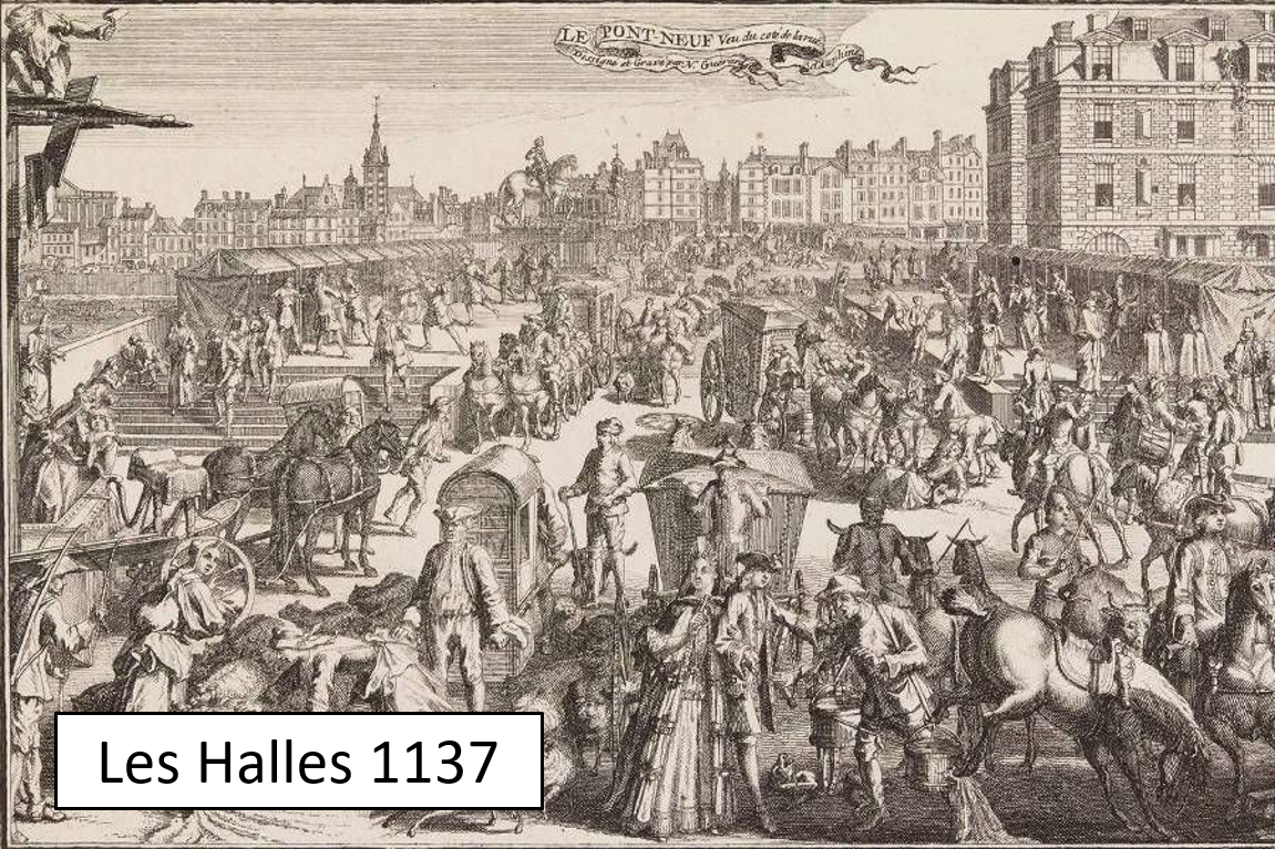Historical scene of a bustling city square with people, horses, carriages, and buildings, labeled 'Les Halles 1137'.