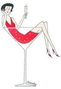 A woman in a red dress with white polka dots sitting inside a large champagne glass, holding a glass of champagne