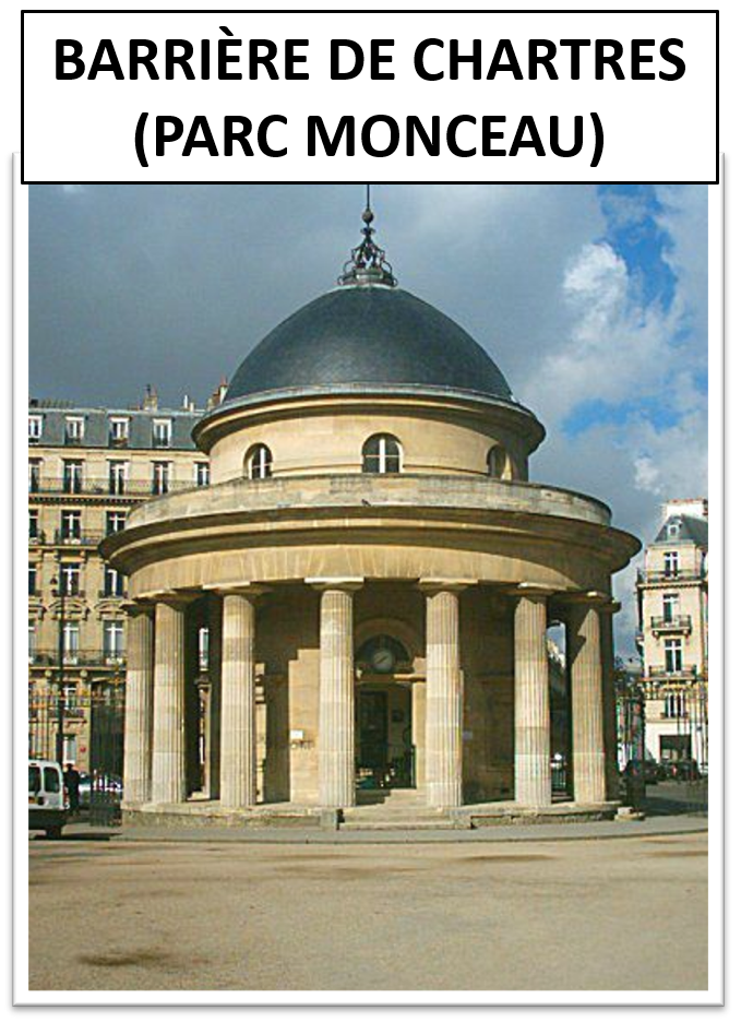 Photo of the circular Pavilion of the Mount in Parc Monceau, Paris, France, with columns supporting a domed roof, set against a partly cloudy sky and surrounding buildings.