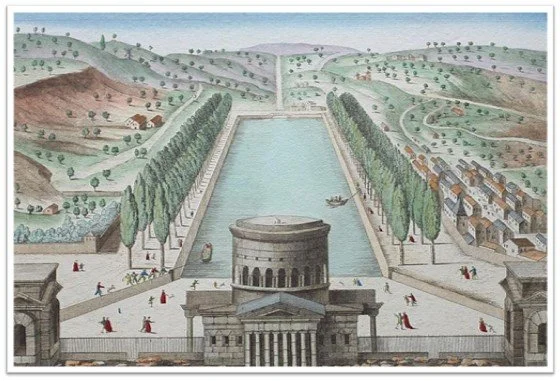 Illustration of the Pantheon in Rome, showing its grand entrance, a large rectangular pool with a boat, and surrounding greenery with hills in the background.