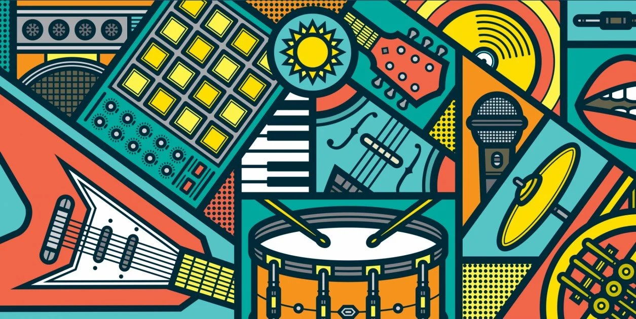 Illustration of various musical instruments and equipment in a colorful, geometric style, including a drum, keyboard, microphone, turntable, guitar, and audio controls.