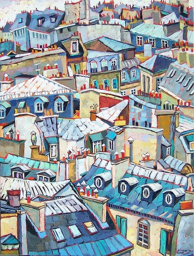 Colorful painting of tightly packed Parisian rooftops with chimneys and windows, showcasing a variety of building shapes and roof styles.