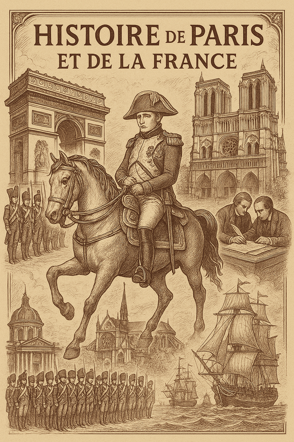A vintage-style illustration related to the history of Paris and France, featuring a mounted military officer, soldiers, the Arc de Triomphe, Notre-Dame Cathedral, a sailing ship, and two people studying documents.
