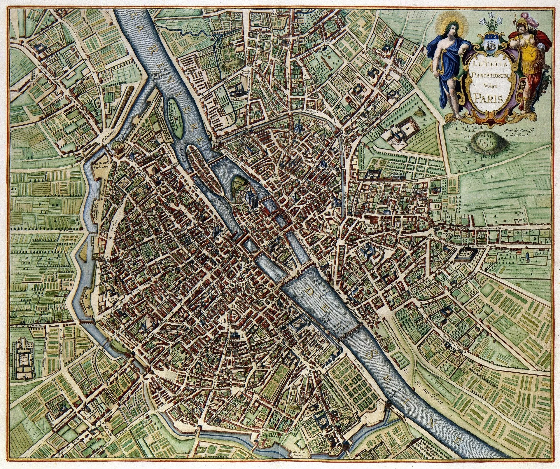 Historical map of Paris, France, with a decorative cartouche featuring two allegorical figures and a shield, titled "Lutetia Parisiorum Vulgo Paris." The map shows the city's streets, rivers, parks, and buildings from a bird's eye view with detailed illustrations and color.