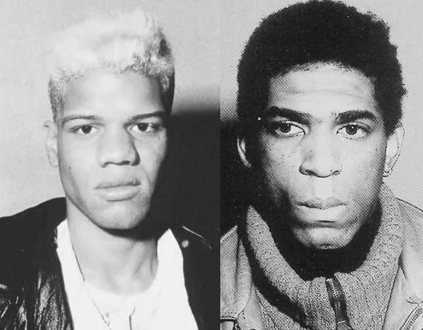 Black and white side-by-side photos of two young men, one with short bleached hair and the other with natural afro hairstyle, both looking at the camera.