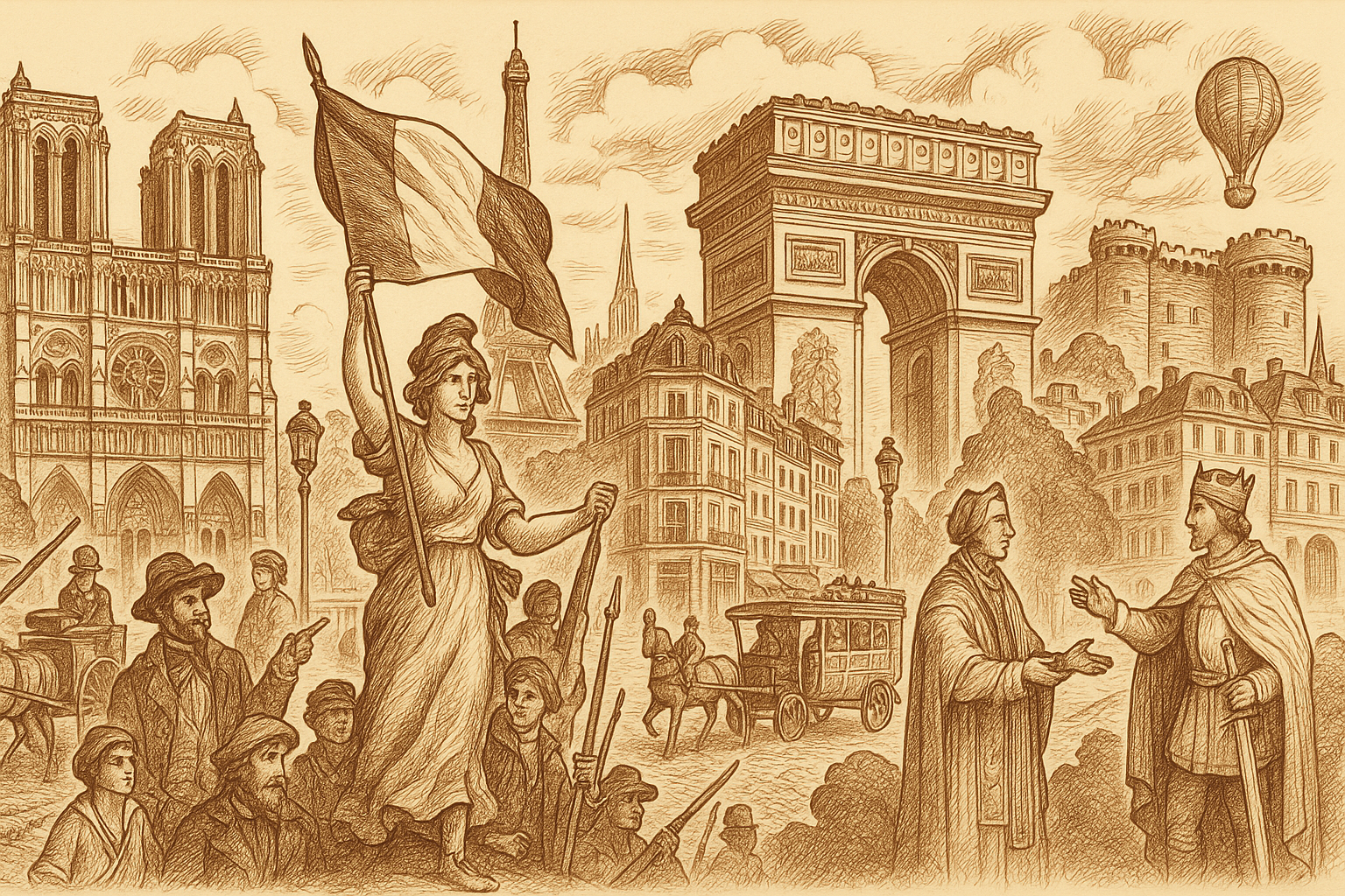 A sepia-toned drawing of a historic scene in Paris, France, featuring the Notre-Dame Cathedral, the Arc de Triomphe, and a hot air balloon in the sky. The scene includes a woman holding a flag, multiple people engaged in conversation, and a horse-drawn carriage.