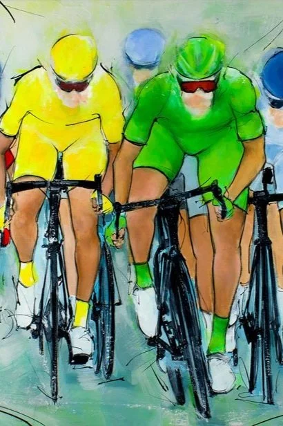 A watercolor painting of a group of cyclists wearing colorful jerseys and helmets, riding their bikes closely together.