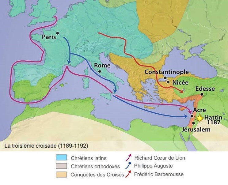 Map illustrating the Third Crusade (1189-1192) showing routes and key locations such as Jerusalem, Acre, Hattin, Antioch, and Constantinople, with color-coded regions and routes representing different participants.