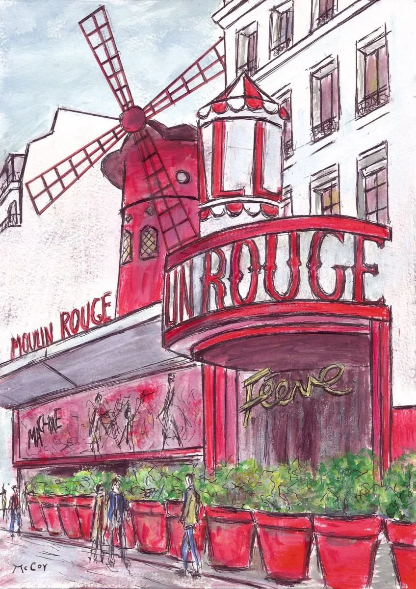 A watercolor-style painting of the Moulin Rouge cabaret in Paris, featuring its iconic red windmill, neon signs, and theater marquee. People are walking past red planters and the building’s façade, with a sketch of a show on the marquee.