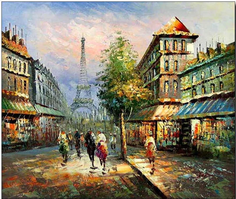 A colorful street scene in Paris with the Eiffel Tower in the background, featuring pedestrians walking along a lively boulevard lined with cafes and shops.
