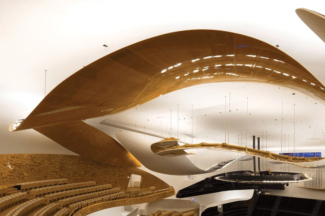 Interior view of a modern auditorium with a unique, swirling wooden ceiling design.