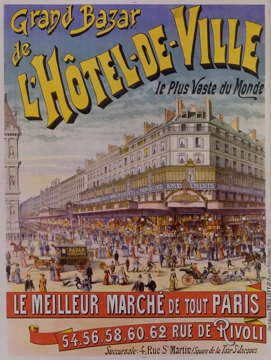 Illustration of a busy Paris street scene with a large, historic building and market stalls, celebrating a grand city bazaar.