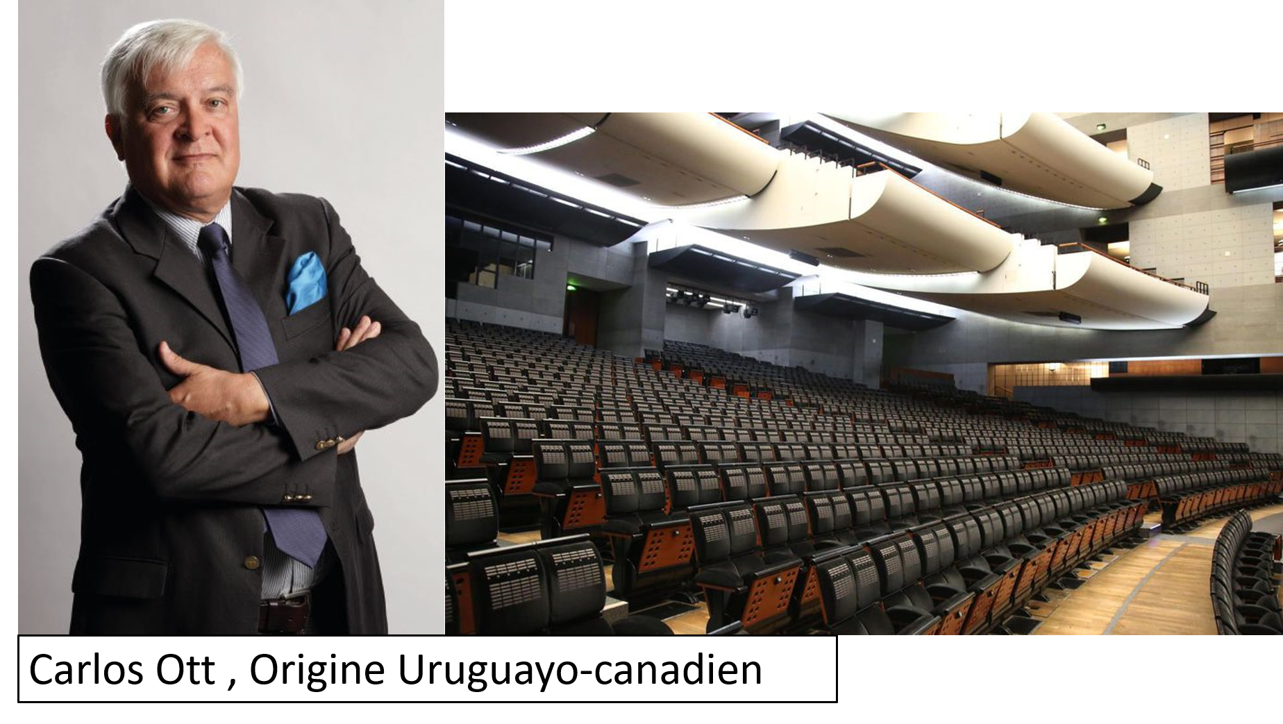 A portrait of an older man with gray hair wearing a black suit, light blue shirt, and purple tie, standing with arms crossed, next to an empty modern theater or auditorium with multiple tiers of seating and contemporary architectural design.
