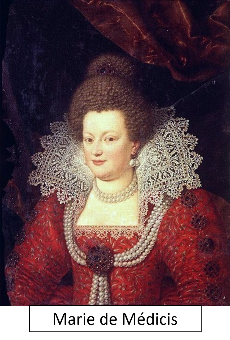 A portrait of a woman with elaborate attire, wearing pearls and a large lace collar, with a voluminous curly hairstyle, in historical clothing style.