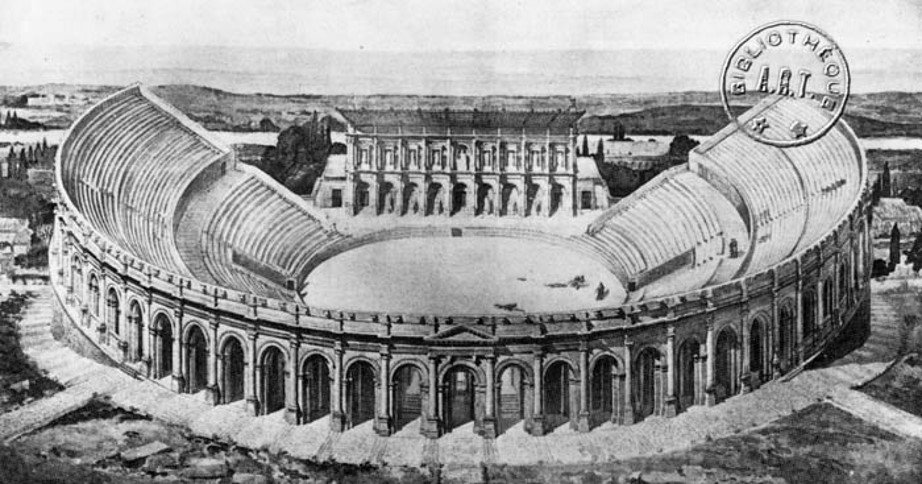 Historical black and white illustration of the Colosseum, a large ancient Roman amphitheater, with a stage and some boats in the center, and ruins and landscape in the background.