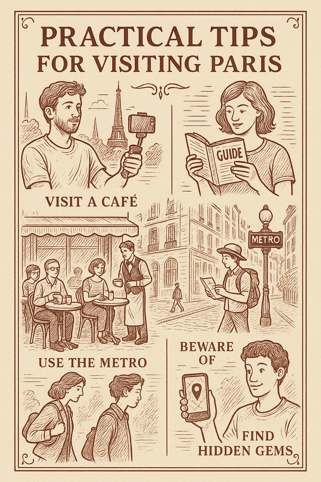 Sketch-style infographic with practical tips for visiting Paris, including visit a cafe, use the metro, beware of hidden gems, and a person taking a selfie with the Eiffel Tower in the background.