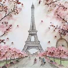 A drawing of the Eiffel Tower framed by pink cherry blossom trees with people walking along a pathway.
