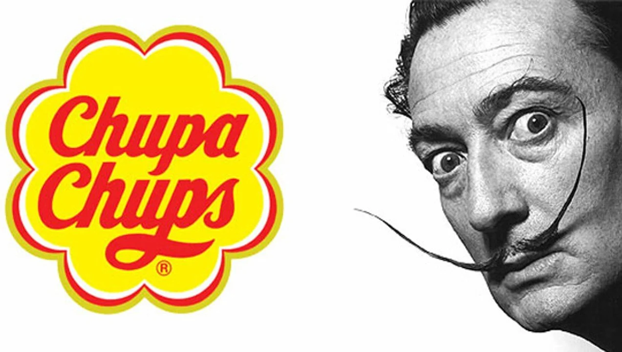 Chupa Chups logo on a white background and a black-and-white photo of a man with curly hair, wide eyes, and attached glasses with a large, curled mustache.