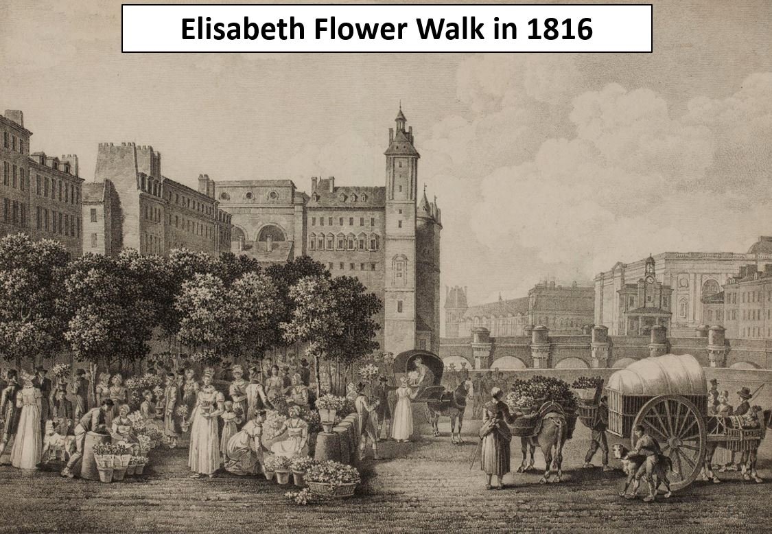 Historical scene of Elizabethan Flower Walk in 1816 with people selling flowers, horse-drawn carts, and old European-style buildings and a bridge in the background.