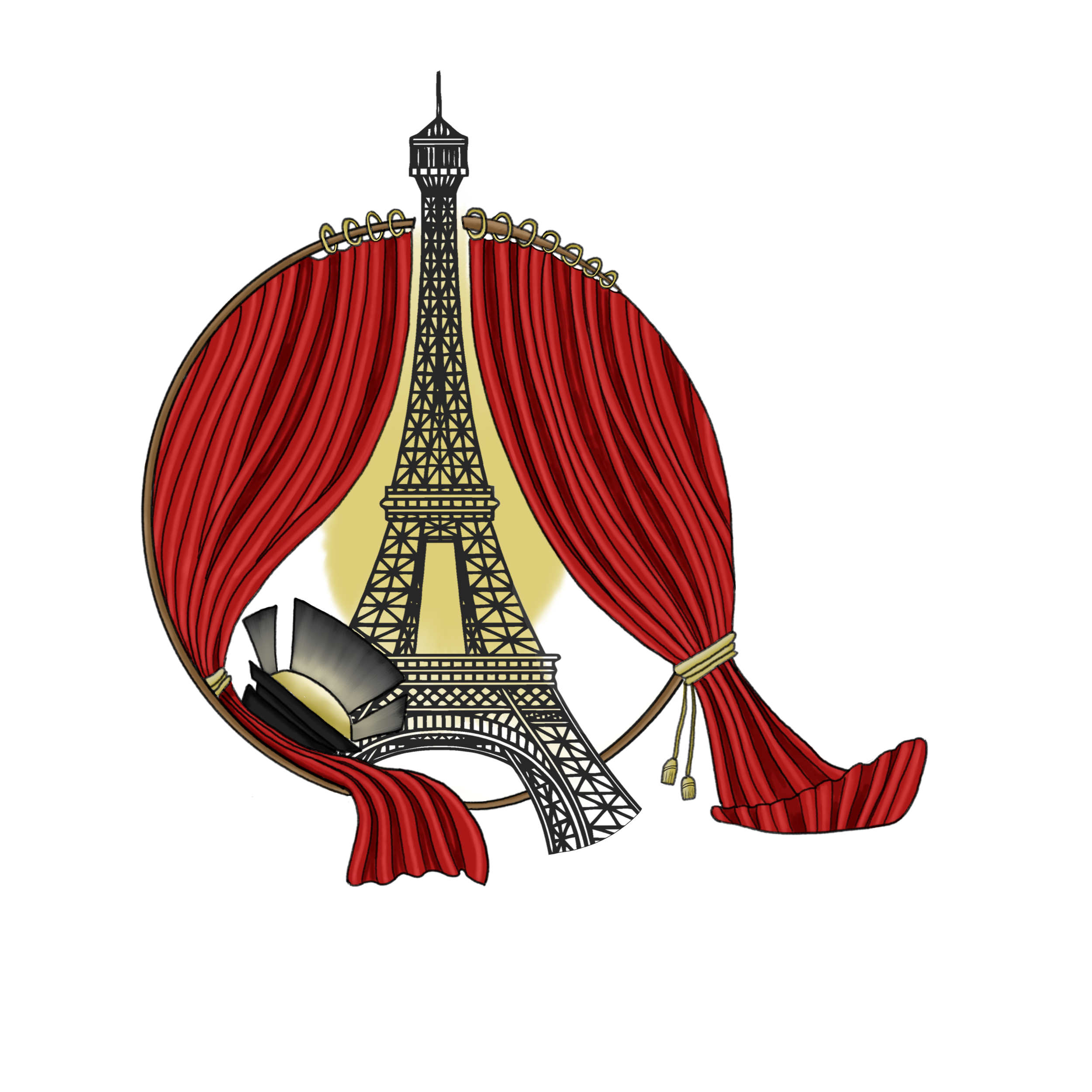 Illustration of the Eiffel Tower behind red theater curtains with a black and gold top hat and monocle on the stage.