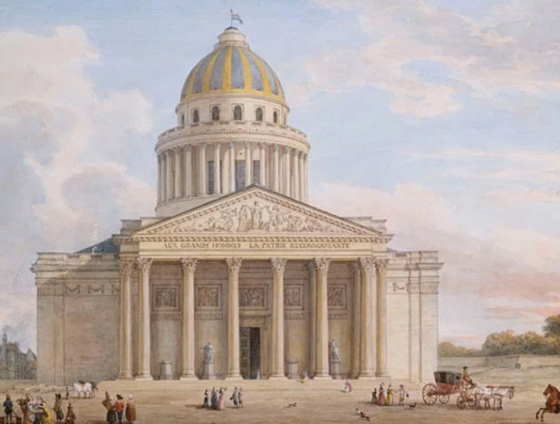 Painting of a large neoclassical government building with columns and a domed roof, resembling the U.S. Capitol, with people and horse-drawn carriages in front.