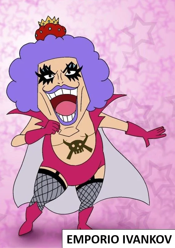 A cartoon character with purple curly hair wearing a crown with a strawberry motif, large makeup, a pink superhero outfit with a skull emblem, fishnet stockings, and pink boots, striking a playful pose against a pink background with star patterns.