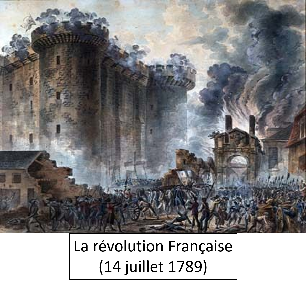 Painting of the attack on the Bastille, depicting soldiers and a burning fortress with smoke and chaos.