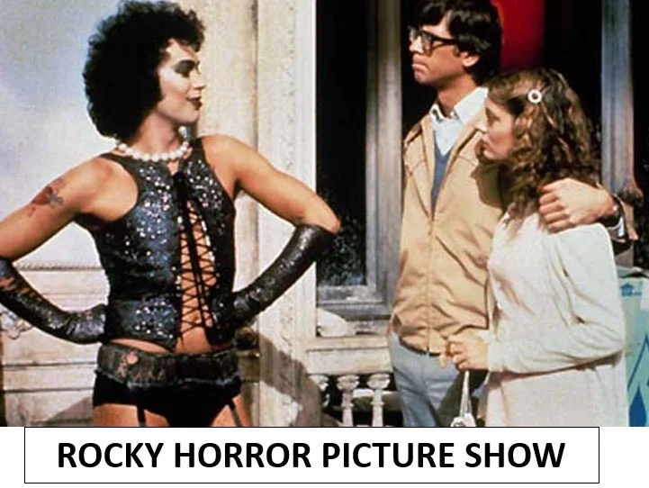 A scene from the movie Rocky Horror Picture Show featuring a performer in a black sequined costume with gloves and pearl necklace, speaking to a man and woman holding hands, outside a house with a porch, with the movie title at the bottom.