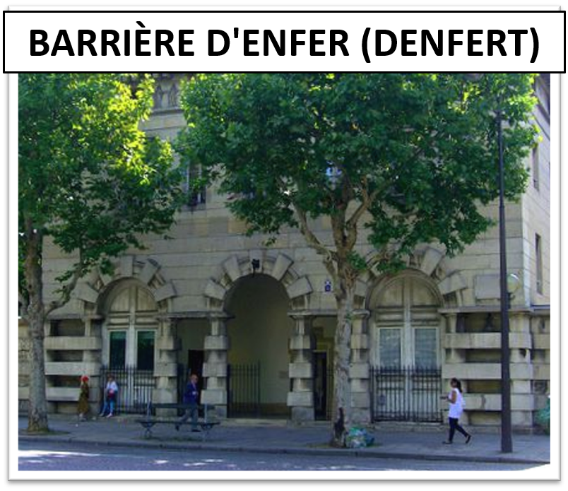 A historic building with arched windows and a gated entrance, labeled as 'Barrière d'Enfer (Denfert)', with trees and pedestrians on the street in front.