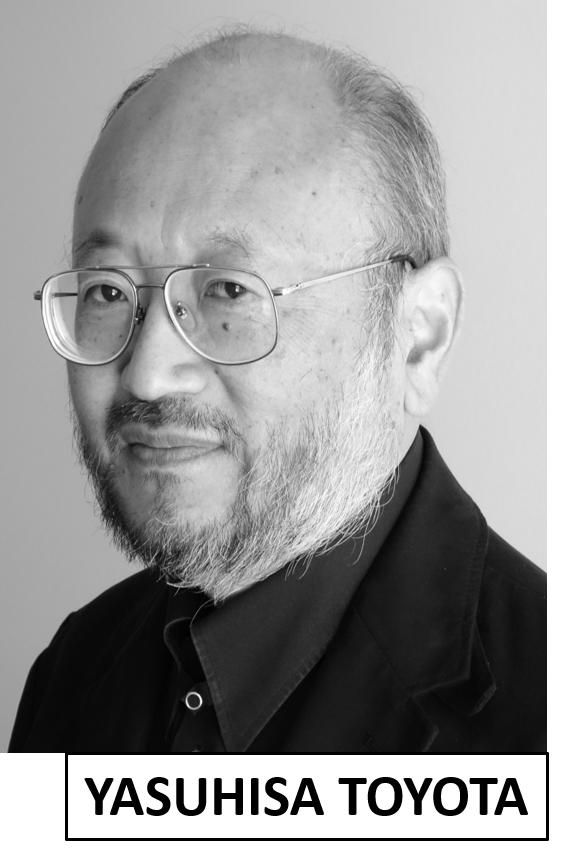 Black-and-white portrait of an older man with glasses, a beard, and receding hair, wearing a dark jacket, with a caption below reading 'YASUHISA TOYOTA'.