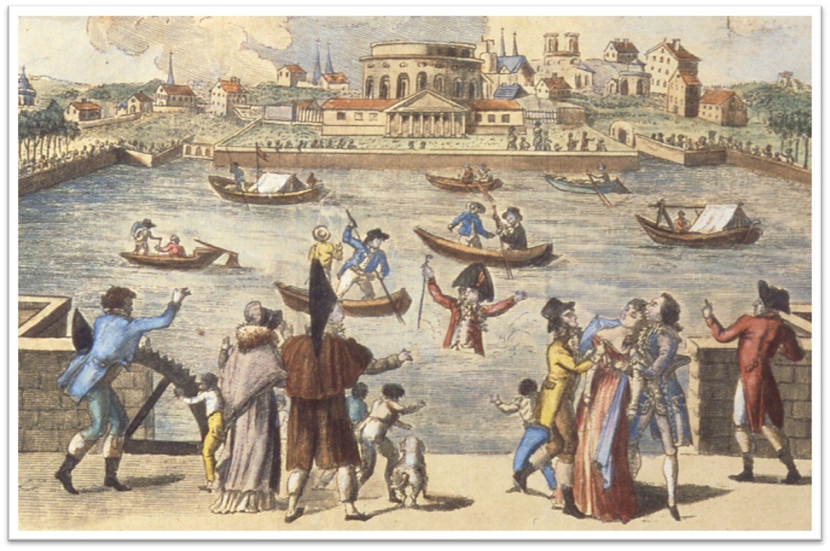 A historical scene of people gathering by a river with boats, in front of a large building with columns, in a town setting with houses and trees in the background.