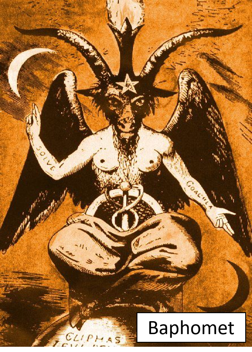 An illustration of a half-naked humanoid figure with black bat-like wings, seated cross-legged, with goat-like horns, a beard, and a star on its forehead. It has outstretched arms with tattoos reading 'Antichrist' and 'Lucifer.' The figure's head is adorned with a pentagram and a crescent moon, with a caduceus symbol around the waist. The background is a brown, textured surface with a crescent moon on the left side.
