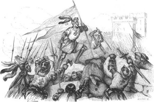 A historical black-and-white illustration of a battle scene with soldiers fighting, some holding swords and shields, and a central figure standing atop a barrier holding a flag.