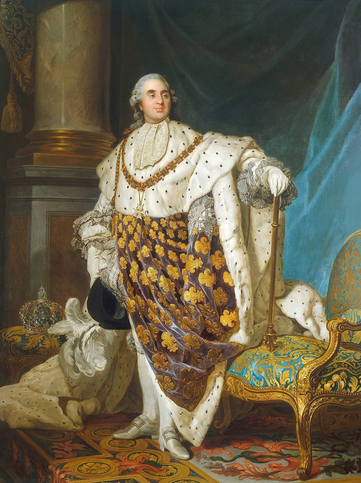 A portrait of a regal man standing with one hand on a cane, dressed in royal robes, wearing a crown on the floor nearby, in a richly decorated room with luxurious furniture and drapery.