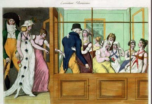 Vintage illustration of a lady in a white dress and hat, a man in a top hat and blue coat, and several women seated behind a glass panel, with some women holding flowers.