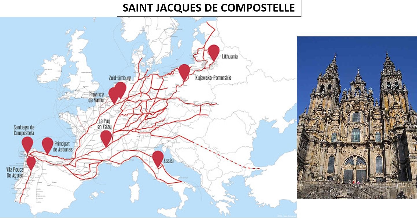 Map of European routes to Saint James de Compostela, indicating major pilgrimage cities and paths, with a photograph of a historic baroque cathedral with twin towers and ornate facade on the right side.