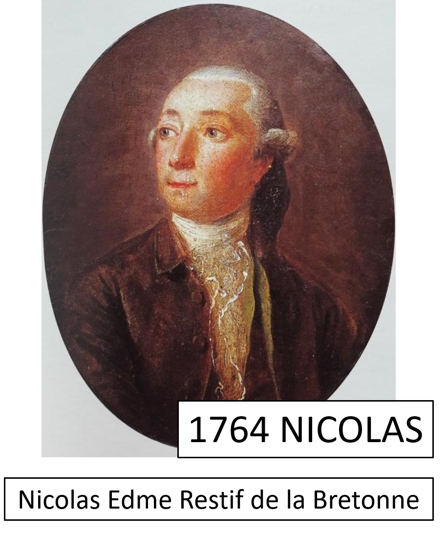 Painting of a man from 1764 with white hair, wearing a dark coat and a white shirt with lace at the collar. The text overlay reads "1764 NICOLAS."