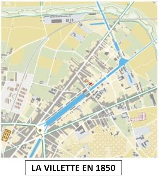 Map of La Villette area in 1850 showing streets, waterways, and landmarks.