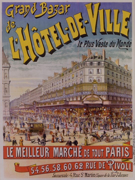 Illustration of a busy Paris street scene with a large building, horse-drawn carriages, and people shopping or walking, overlaid by text promoting a grand bazaar at the Hotel-de-Ville.