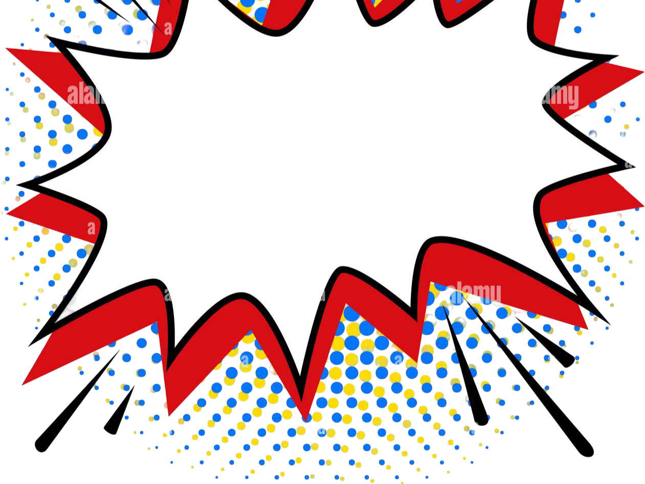 Comic-style speech bubble with jagged edges, outlined in black, filled with red and white.