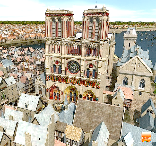 Aerial view of Notre-Dame Cathedral in Paris, France, showing its twin towers, rose window, and surrounding historic buildings.
