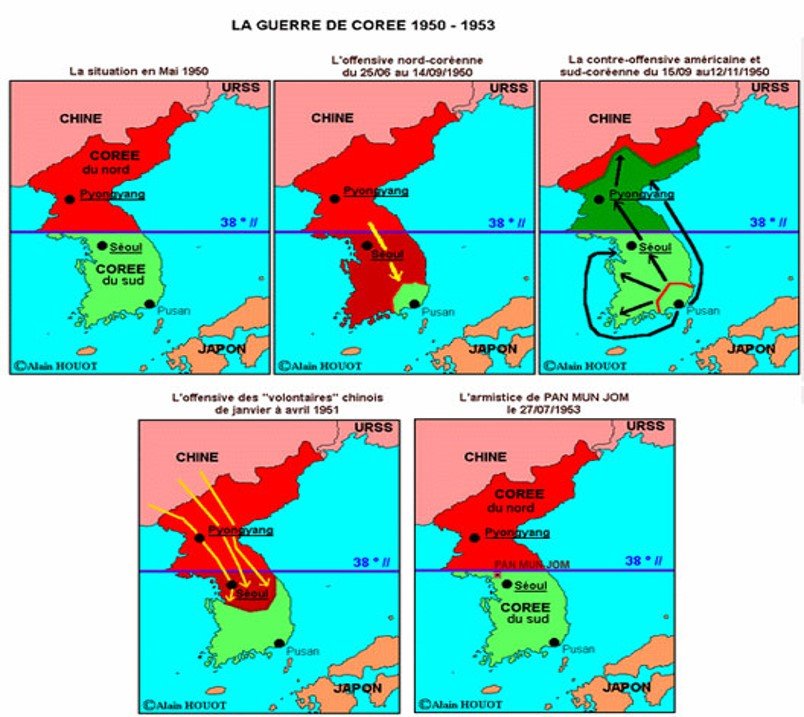A series of maps illustrating the Korean War from 1950 to 1953, showing the progression of the conflict with different military movements and peace agreements. The maps depict North Korea, South Korea, China, the USSR, the United States, and Japan, with color coding and arrows indicating territorial changes and military campaigns.