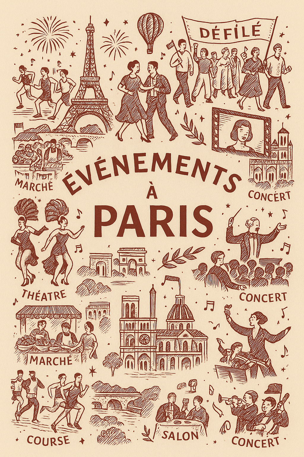 Sketch style poster of Paris events, including fireworks, Eiffel Tower, hot air balloon, marching, theatre, markets, running, salon, and concert scenes, with French text.