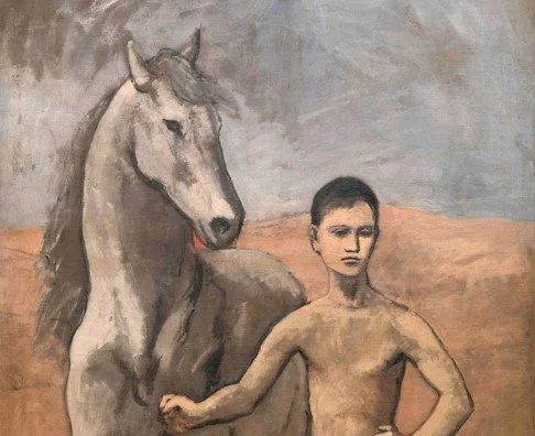 A painting of a young man with short dark hair and a muscular build standing next to a white horse in a desert landscape.