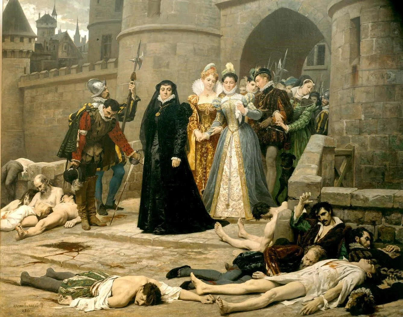 A historical painting depicting people in medieval attire, with soldiers and peasants, in front of a castle. Some individuals are injured or dead on the ground, while others are standing or observing.