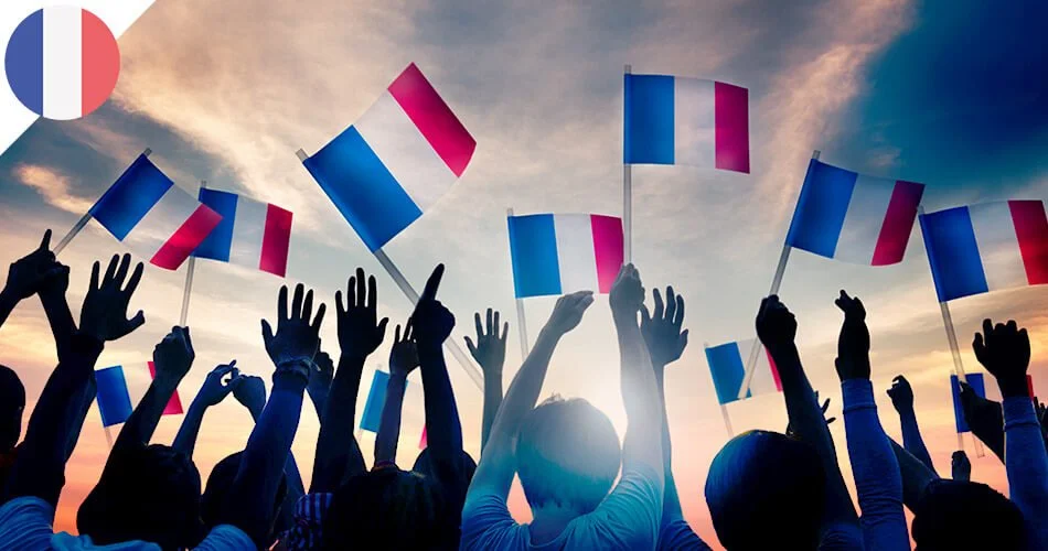 Silhouettes of people waving French flags during sunset celebration.