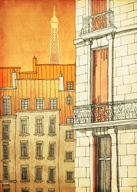Watercolor illustration of Parisian buildings with wrought iron balconies and the Eiffel Tower in the background under an orange sky.