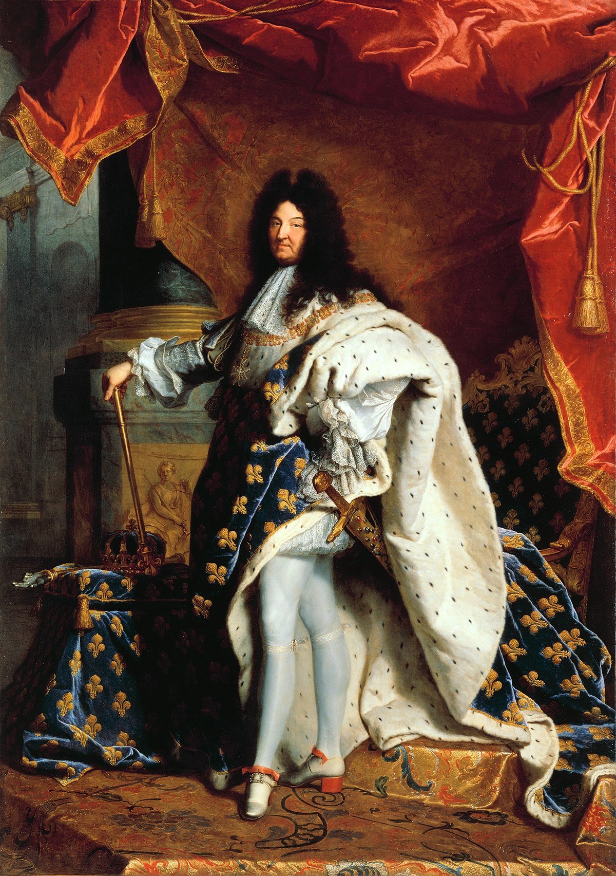 Painting of a regal man in royal robes and crown, standing next to a throne in a grand room with drapes and ornate decorations.