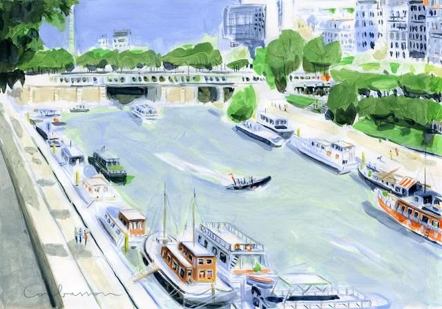 Waterway with several boats, park with trees and city buildings in the background, painted in watercolor style.